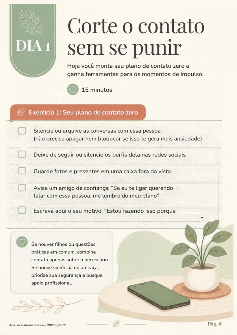 Página do e-book: Dia 1, Corte o contato sem se punir